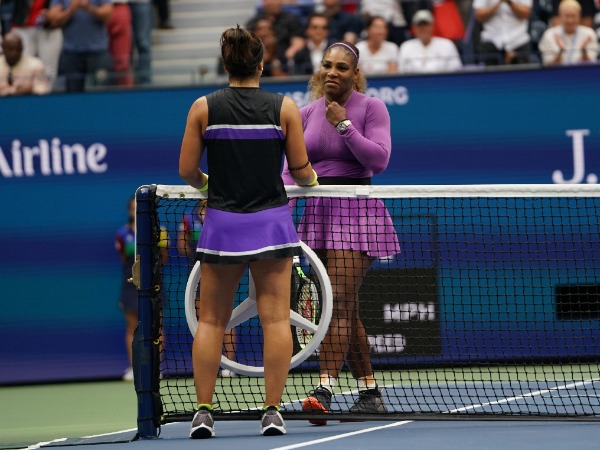 NEW YORK - SEPTEMBER 7, 2019: 2019 US Open champion Bianca Andreescu of Canada embraces Serena Williams at the net following her win in the final match at Billie Jean King National Tennis Center in New York